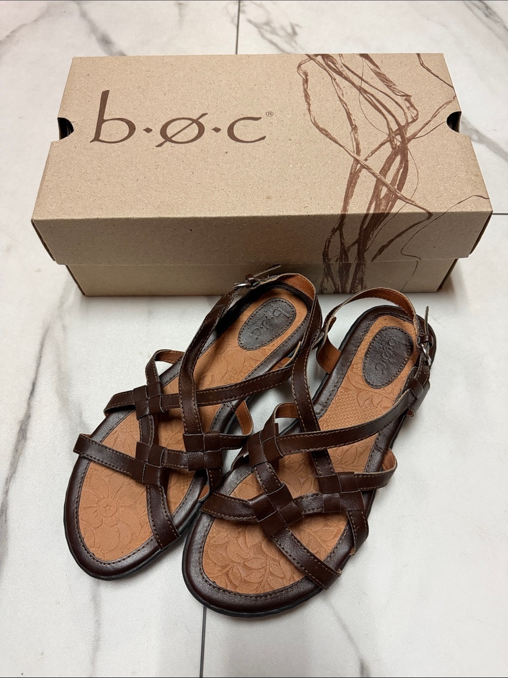 b.o.c. Brown Leather Strappy Sandals Women's Size 8.5 Wide Excellent Condition